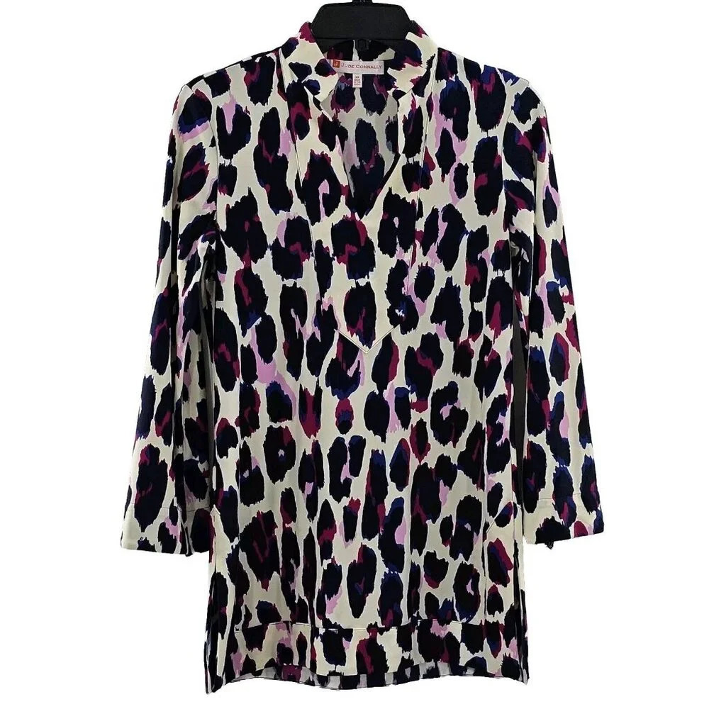 Jude Connally Tunic Top Cheetah Leopard Animal Print Blouse Women XS USA
